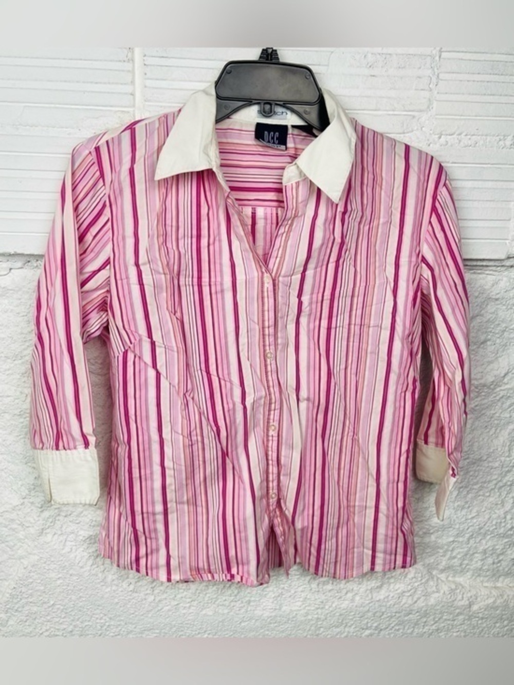DCC Missy Y2K Pink & White Striped Stretch button blouse size medium